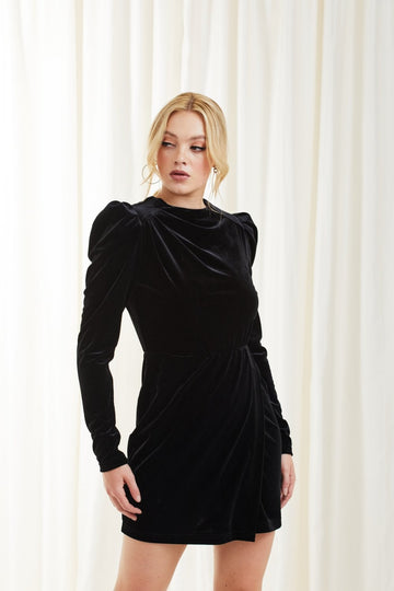 Black Shoulder Pad Velvet Dress Double Second